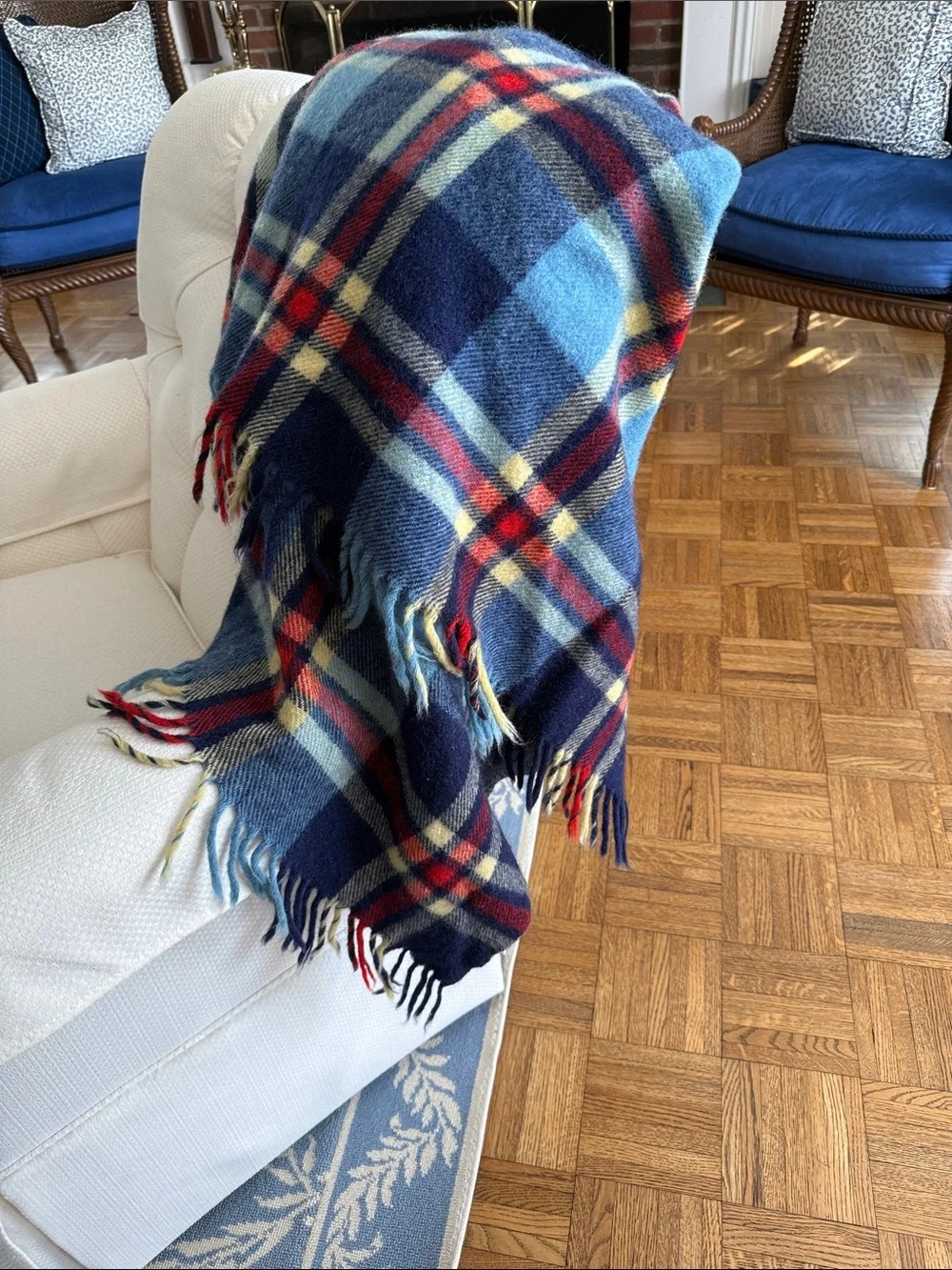 Vintage Troy Robe Plaid Wool Blanket Throw Blue, Red & Cream Lauren Vibes